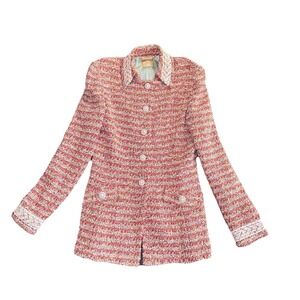 ST JOHN COUTURE CRUISE BOUCLE' TWEED KNIT METALLIC  JACKET LACE KNIT TRIM SZ 6/8